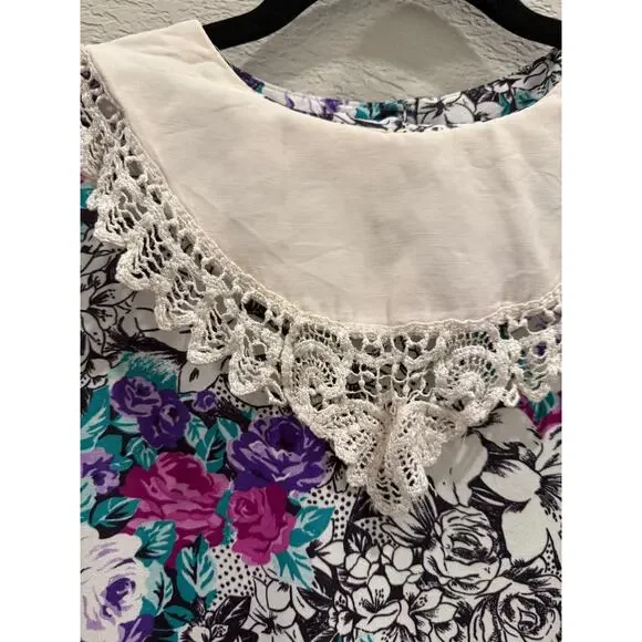 VTG 80s Floral Dress Romantic Cottagecore Lace Collar Waist 3/4 Sleeve Pullover - Picture 4 of 6